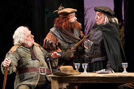 Stacy Keach as Falstaff, Steve Pickering as Pistol, and Ted van Griehuysen as Justice Shallow. Photo by Scott Suchman.