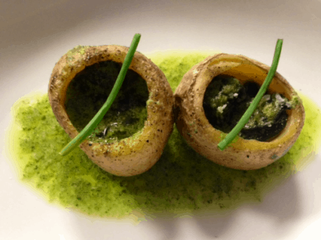 Escargots roasted with parsley butter and Yukon Gold potatoes.