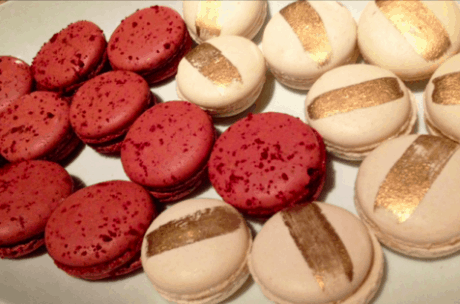 The Partisans Red Velvet and gold-striped Campari Macarons.