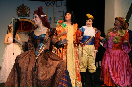From Left to right: Baroness Hardup(Michelle Hessel), Fifi, an ugly sister (Colin Davies), Prince Charming (Karina Gershowitz) and Fru-Fru, and another ugly sister (Malcolm Edwards). Photo by J. Andrew Simmons.