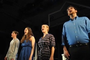 Gabe (Alex Xourias),Natalie (Leah Platt), Diana (Emily Zickler), and Dan (Ryan Burke). Photo courtesy of Kensington Arts Theatre.