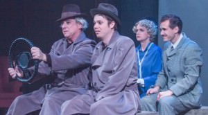 The cast of 'The 39 Steps' at LTA: Bob Cohen and Erik Harrison (Everyone Else), Jeff McDermott (Richard Hannay), and Elizabeth Keith (Pamela). Photo by Keith Waters/Kx Photography.
