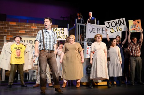 Matt Liptak (Bobby) and Company in the Act I Finale of 'Urinetown: The Musical.' Photo by Jessica Sperlongano.