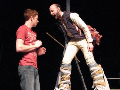 The Whangdoodle (William R. McHattie) gives Benj (Jon Kevin Lazarus) a piece of hobo wisdom. Photo by  Rebecca Eastman.