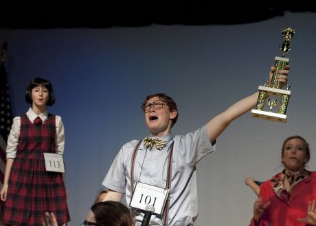 Seth Fallon as William Barfee (center) laments life as random and unfair during "Pandemonium" in The 25th Annual Putnam County Spelling Bee. Photo by Erika Hagen Photography