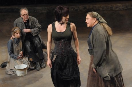 (L to R) Erin Weaver (Kattrin), Rick Foucheux (the Chaplain), Meg Gillentine (Yvette), and Kathleen Turner (Mother Courage). Photo by Stan Barouh.