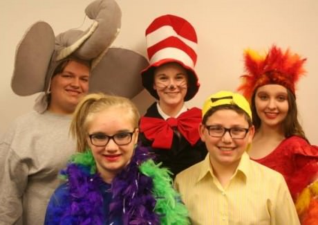  (back row l to r) Horton the Elephant (Connor Moore) The Cat in the Hat (Allison Mudd) and Mayzie La Bird (Sheridan Merrick) (front row) Gertrude McFuzz (Ruby Kinstle), and Jo Jo (Steven Gross). Photo courtesy of Pumpkin Theatre.