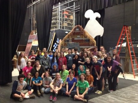 The cast and crew of 'Spamalot' posing in front of the "Trojan Rabbit" on their 4th Tech Saturday. Photo courtesy of West Potomac High School.