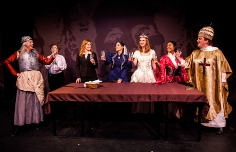 (l to r) Dull Gret (Helenmary Ball) Waitress (Julie Press) Marlene (Robin Zerbe) Isabella Bird (Annette Mooney Wasno) Patient Griselda (Kara Turner) Lady Nijo (Cori Dioquino) and Pope Joan (Amy Miller). Photo by Melika Carr.  