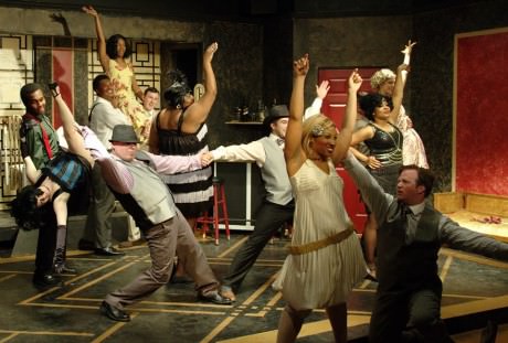 Queenie (off-center right: Samantha McEwen) and Burrs (Stephen Deininger) with the cast of 'The Wild Party.' Photo by John Cholod.