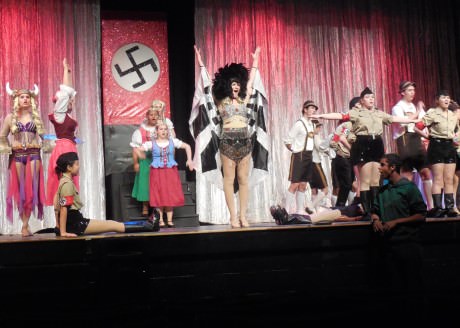 Kyle McKnight (Roger-in Dress Center)and cast members performing "Springtime  for Hitler.' Photo by DIane Schnoor.