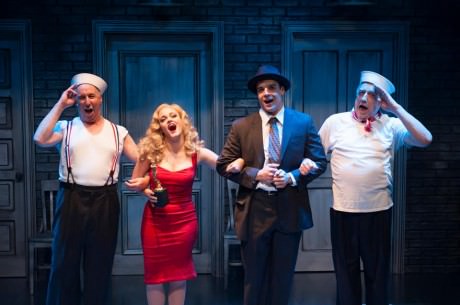 The Company (Christopher Bloch, Erin Driscoll, Doug Carpenter, and Ed Dixon) sings “The Best of Times (Reprise)” in 'Cloak and Dagger.' Photo by Margot Schulman